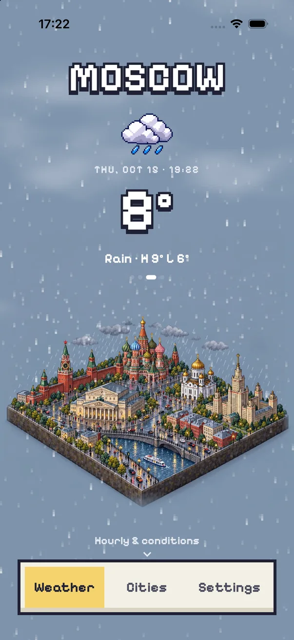 Moscow in the Pixel style in the rain, 8 degrees